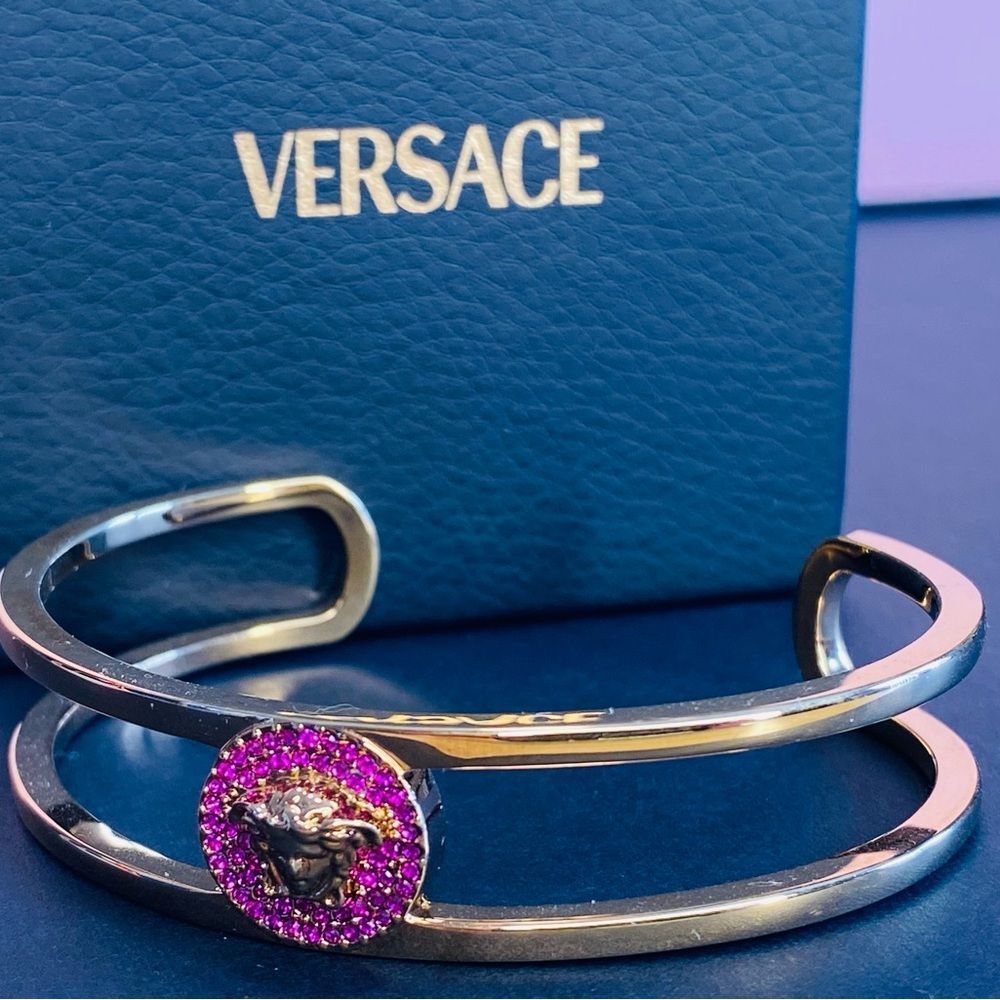 Versace Gold Bracelet with Medussa Surrounded by Pink Stones. Expandable